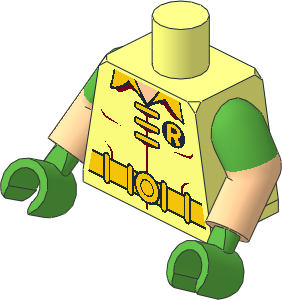 Minifig Torso with Dual Mould Arms and Hands with  3 Yellow Clasps, Collar, Belt and "R" on Black Oval Pattern