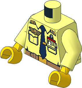 Minifig Torso with Arms and Hands with Shirt with Dark Blue Tie, Gold Airline Pin, Belt and ID Badge Pattern