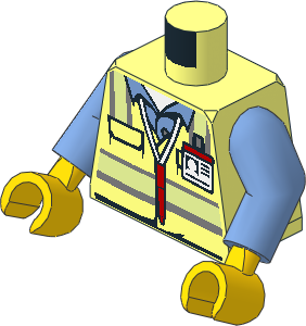 Minifig Torso with Arms and Hands with Safety Vest with Reflective Stripes over Medium Blue Shirt, ID Badge and Red Pen around Neck Pattern
