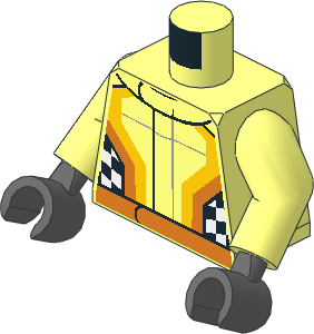 Minifig Torso with Arms and Dark Bluish Grey Hands with White/Yellow/Orange Racesuit Pattern