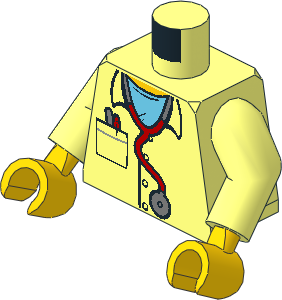 Minifig Torso with Arms and Hands with Doctor Coat over Medium Azure Undershirt and Yellow Chest, Stethoscope, Pocket with Pens Pattern