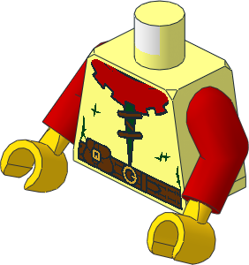 Minifig Torso with Arms and Hands with Red Collar, Belt with Pouch, Metallic Gold Buckles, Laces and Dark Green Stitches Pattern