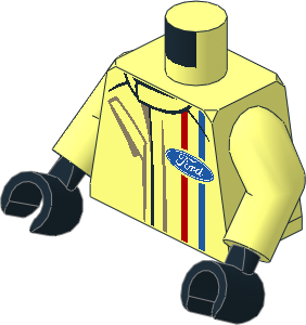 Minifig Torso with Arms and Hands with Race Suit with Ford Logos and Blue and Red Stripes Pattern