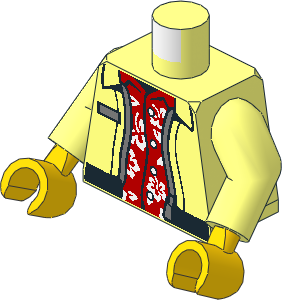 Minifig Torso with Arms and Hands with Jacket Open with Black Hem and Silver Zipper over Red Hawaiian Shirt with Flowers Pattern
