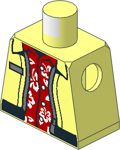 Minifig Torso with Jacket Open with Black Hem and Silver Zipper over Red Hawaiian Shirt Pattern