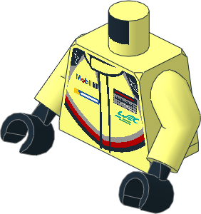 Minifig Torso with Arms and Hands with Race Suit with Porsche Logos and Black, Grey and Red Stripes Type 2 Pattern