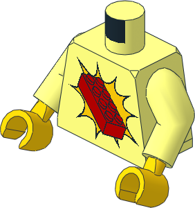 Minifig Torso with Arms and Hands with Red 2 x 4 Brick on Yellow Pattern