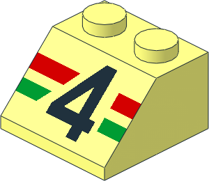 Slope Brick 45  2 x  2 with Black "4" over Red/Green Stripes Pattern