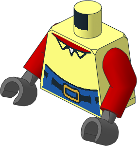 Minifig Torso with Arms and Hands with High Waist Blue Pants, Gold Buckle, Open Collar and Red Neck Pattern