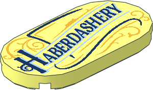 Tile  2 x  4 with Rounded Ends with Dark Blue "HABERDASHERY" and Gold Filigree Pattern