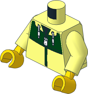 Minifig Torso with Arms and Hands with Jacket with Dark Green Panel with White Zipper and Drawstrings over Black Shirt Pattern