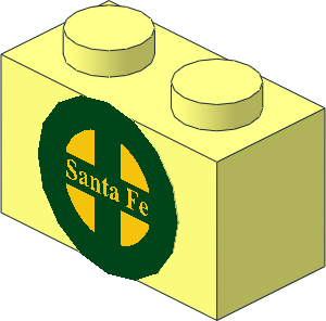 Brick  1 x  2 with Yellow "Santa Fe" in Dark Green Cross and Thick Border Sticker