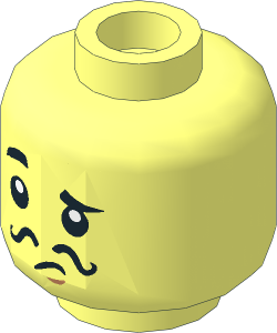 Minifig Head with Black Raised Right Eyebrow and Black Thin Curly Mustache Pattern