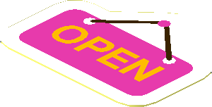 Sticker  1.2 x  1.5 Irregular with Bright Light Orange "OPEN" on Dark Pink Sign