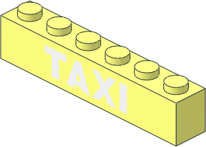 Brick  1 x  6 without Centre Studs with White Sans-Serif "TAXI" Pattern