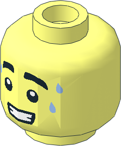 Minifig Head with Black Thick Eyebrows, 3 Bright Light Blue Sweat Drops and Open Mouth with Teeth Pattern