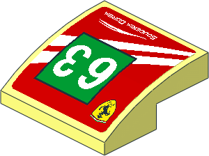 Slope Brick Curved  2 x  2 x  0.667 with Ferrari Logo and White 63 on Green Square and White Stripes on Red Background Left Sticker