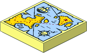 Tile  2 x  2 with Map, Bright Light Blue Water, Yellow Land, Compass with Skull, Ship, Dark Red Trail and "X" Pattern
