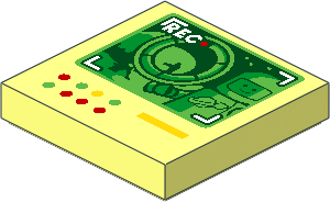 Tile  2 x  2 with Dark Green Screen with "REC", Classic Space Minifigure, Red, Bright Green and Yellow Lights and Line Pattern