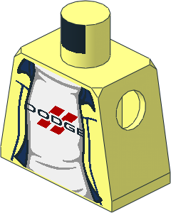 Minifig Torso with Black Dodge Logo on White T-Shirt under Shirt with Blue Details Pattern