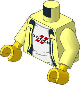 Minifig Torso with Arms and Hands with Black Dodge Logo on White T-Shirt under Shirt with Blue Details Pattern