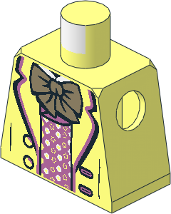 Minifig Torso with Suit Jacket Open with Metallic Pink Trim and Shirt with Frills, White Collar and Dark Tan Bow Tie Pattern