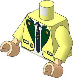 Minifig Torso with Arms and Hands with Suit Jacket Open with Pockets and Gold Buttons, Dark Green Lapels, White Shirt and Black Tie Pattern