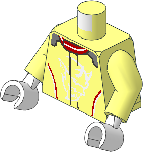 Minifig Torso with Arms and White Hands with Racing Suit with Demon Logos and Red, Silver and White Stripes Pattern