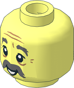 Minifig Head with Dark Bluish Gray Bushy Eyebrows and Thick Moustache, Grin / Open Mouth Smile  2-Sided Pattern