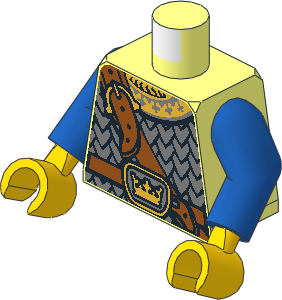 Minifig Torso with Blue Arms and Yellow Hands with Scale Armour, Crown on Buckle and Chest Strap Pattern