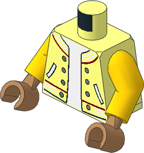 Minifig Torso with Yellow Arms and Medium Nougat Hands with Jacket with Striped Trim, Silver Buttons and Pockets over White Undershirt Pattern