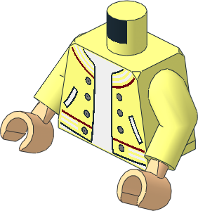 Minifig Torso with Arms and Light Nougat Hands with Jacket with Striped Trim, Silver Buttons and Pockets over White Undershirt Pattern