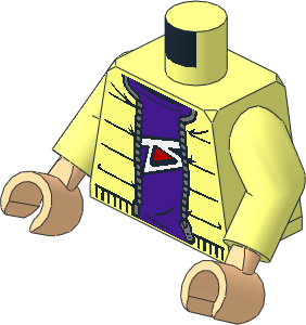 Minifig Torso with Arms and Light Nougat Hands with Dark Purple Shirt, Zipper and Red Triangle Pattern
