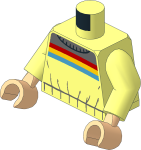 Minifig Torso with Arms and Hands with Vest with Dark Bluish Grey Panel and Creases, Red, Yellow and Dark Azure Stripes Pattern