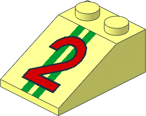 Slope Brick 33  3 x  2 with Red "2" over Two Green Stripes Pattern