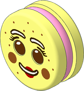 Minifig Head Round  1.8 x  1.8 Biscuit with Bright Pink Filling and Reddish Brown Eyes, White Brows and Mouth with Red Lips, Cheeks and Freckles Pattern