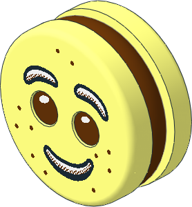 Minifig Head Round  1.8 x  1.8 Biscuit with Reddish Brown Filling and Reddish Brown Eyes and White Brows and Mouth with Freckles Pattern