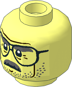 Minifig Head with Large Glasses with Dark Grey Eyebrows, Moustache and Stubbles and Dark Brown Cheek Lines Pattern