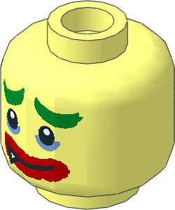 Minifig Head with Green Eyebrows, Medium Blue Eyeshadow, Thick Red Lips Smile with Sharp Tooth / Very Sad Frown 2-Sided Pattern