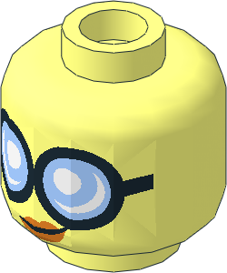 Minifig Head Female with Large Round Glasses with Bright Light Blue Lenses and Black Frames, Orange Lips with Slight Crooked Smile Pattern