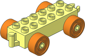 Duplo Car Base  2 x  6 with Bottom Tube, with Orange Wheels with Fake Bolts