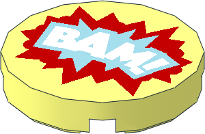 Tile  2 x  2 Round with Round Underside Stud with White "BAM!" on Red and Medium Blue Burst Cloud Pattern