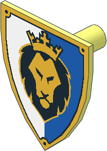 Minifig Shield Triangular with Gold Lion Head on Blue and White Pattern