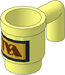 Minifig Cup with Reddish Brown "TVA" Logo on Metallic Gold Rectangle Pattern