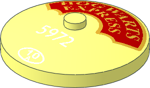 Dish  4 x  4 Inverted with Metallic Gold "HOGWARTS EXPRESS" on Red Background and Small White "5972" and "10 A" in Circle Pattern