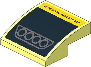 Slope Brick Curved  2 x  2 x  0.667 with Dark Grey Exhaust Pipes on Black Background and Black "CORVETTE" on Yellow Background Sticker