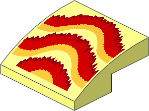 Slope Brick Curved  2 x  2 x  0.667 with Gold and Red Ruffles with Dark Red Outline Pattern