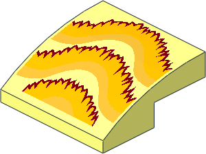 Slope Brick Curved  2 x  2 x  0.667 with Gold and Bright Light Orange Ruffles with Dark Red Outline Pattern