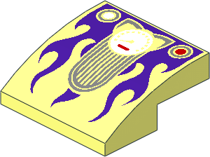 Slope Brick Curved  2 x  2 x  0.667 with Cat Ears, White Speedometer, Metallic Silver Grille, and Medium Lilac Flames Pattern