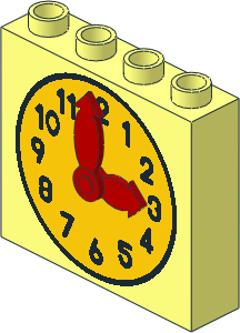 Duplo Brick  1 x  4 x  3 with Black and Yellow Clock Face Pattern and Red Articulated Hands